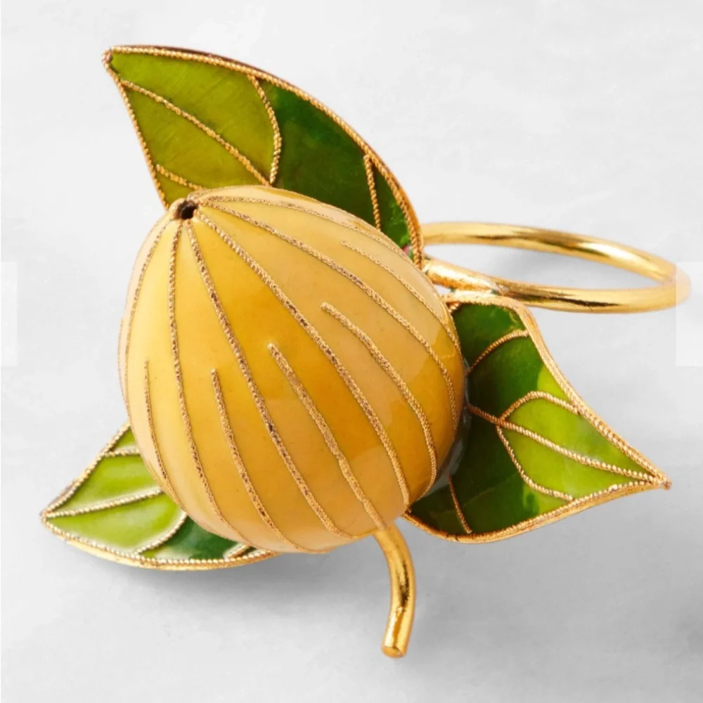 Williams Sonoma Yellow Lemon and Green Leaf Napkin Rings (Set of 4)